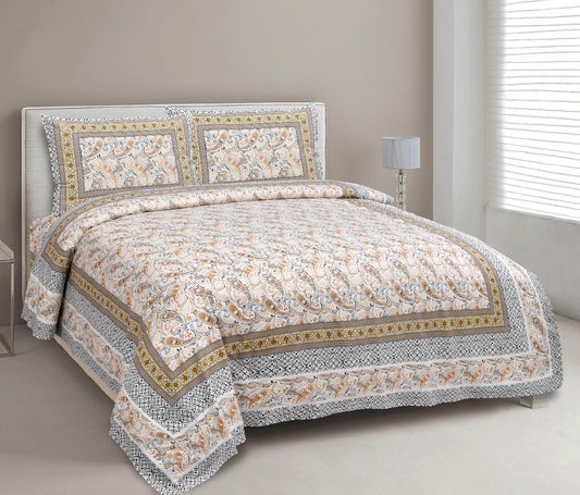 Cream colored Jaipuri Bagru Hand Block Printed Double Bedsheets with stitched pillow cover