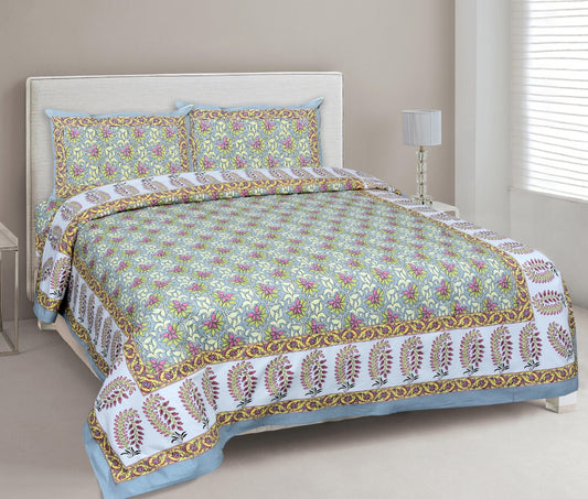 Green colored Jaipuri Bagru Hand Block Printed Double Bedsheets with stitched pillow cover