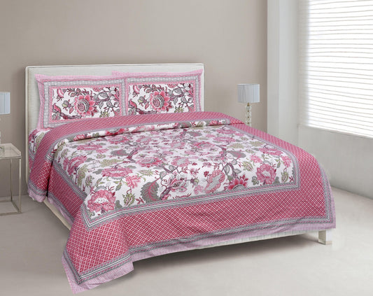 Pink colored Jaipuri Bagru Hand Block Printed Double Bedsheets with stitched pillow cover