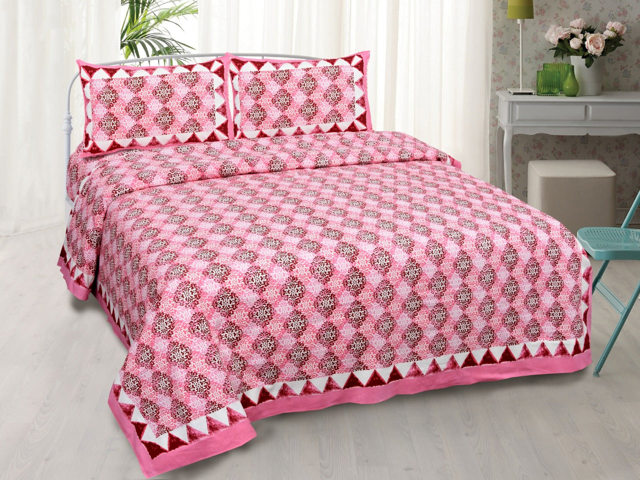 Pink colored Jaipuri Bagru Hand Block Printed Double Bedsheets with stitched pillow cover