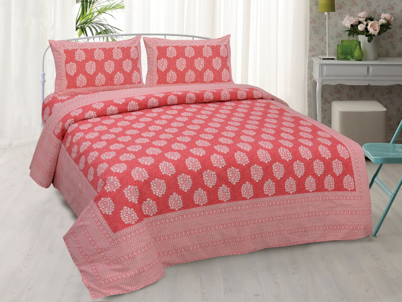 Red colored Jaipuri Bagru Hand Block Printed Double Bedsheets with stitched pillow cover