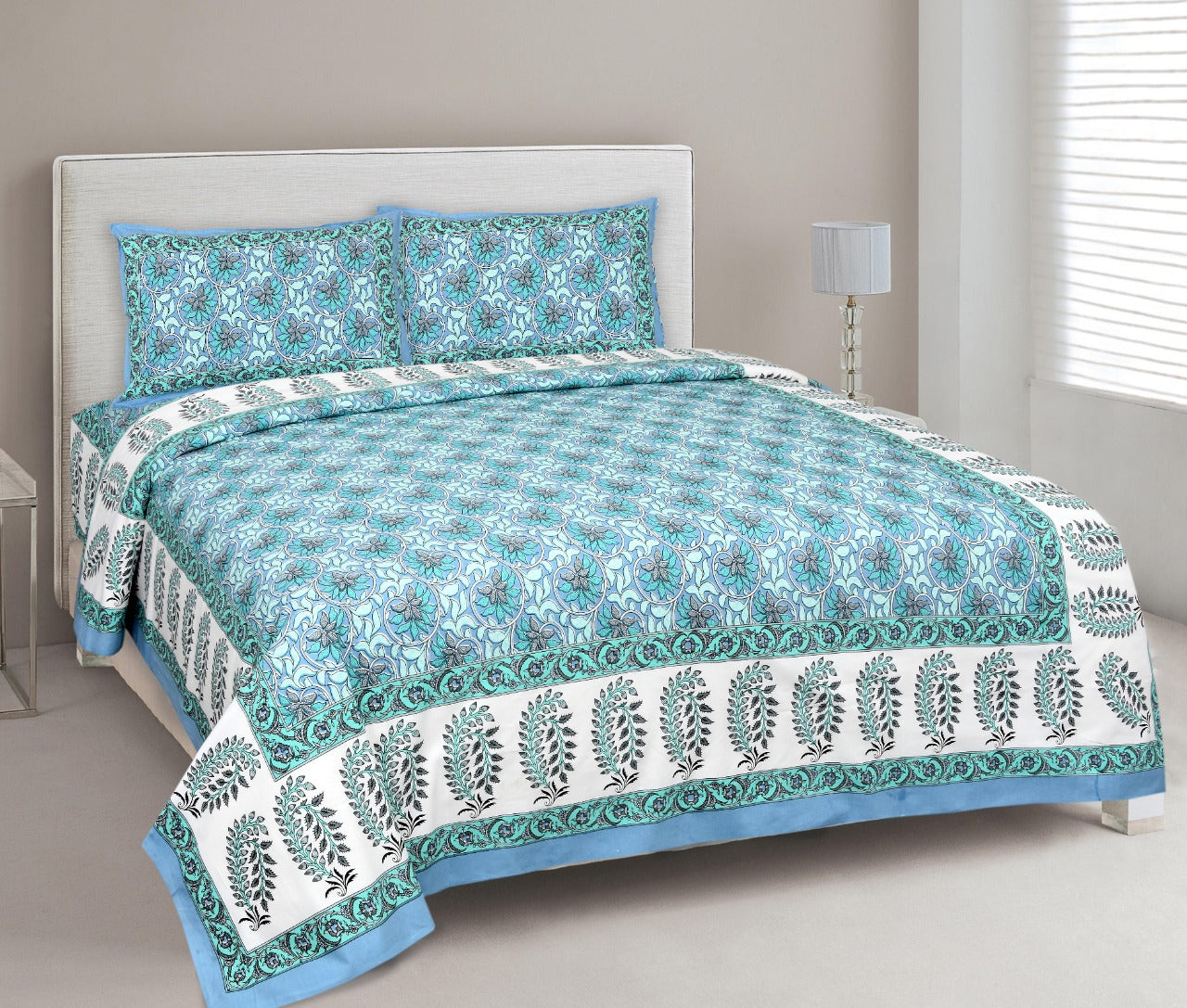 Sky Blue colored Jaipuri Bagru Hand Block Printed Double Bedsheets with stitched pillow cover