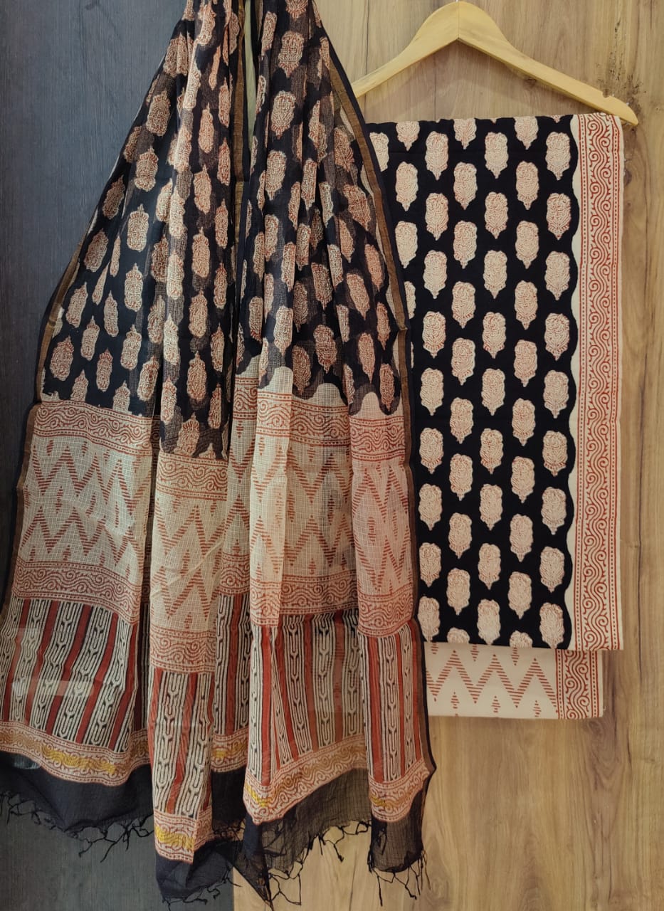 Handblock printed cotton suits with Kota cotton dupatta