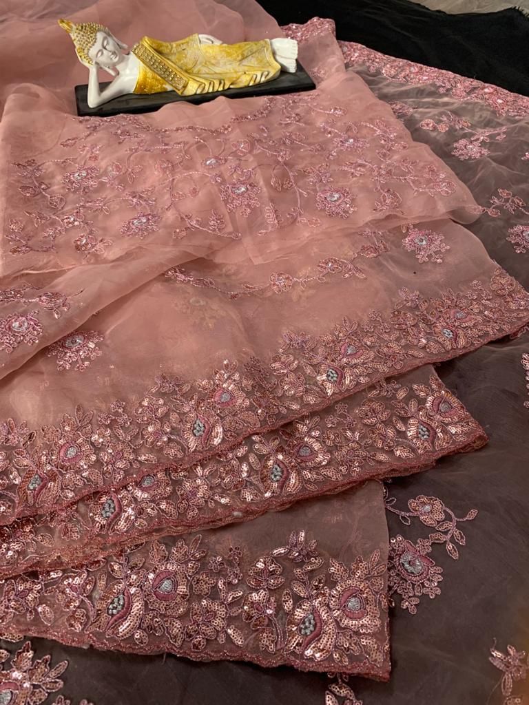 Organza saree with coding sequence embroidered work