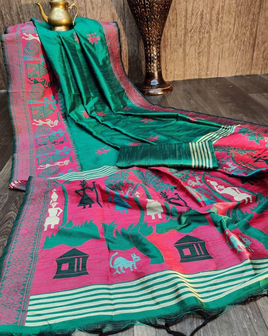Bangalori Raw Silk Saree with Kalamkari woven border