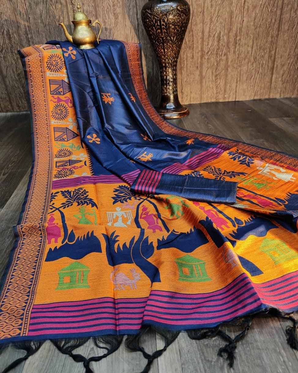Bangalori Raw Silk Saree with Kalamkari woven border
