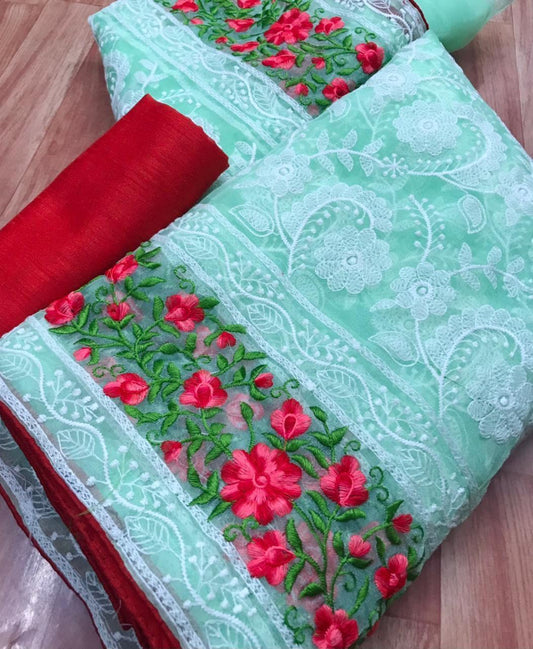 Organza silk saree with chikankari work