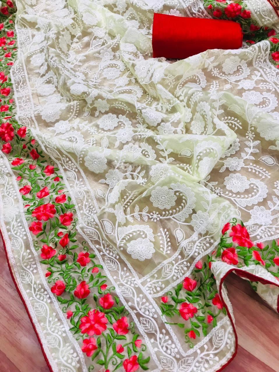 Organza silk saree with chikankari work
