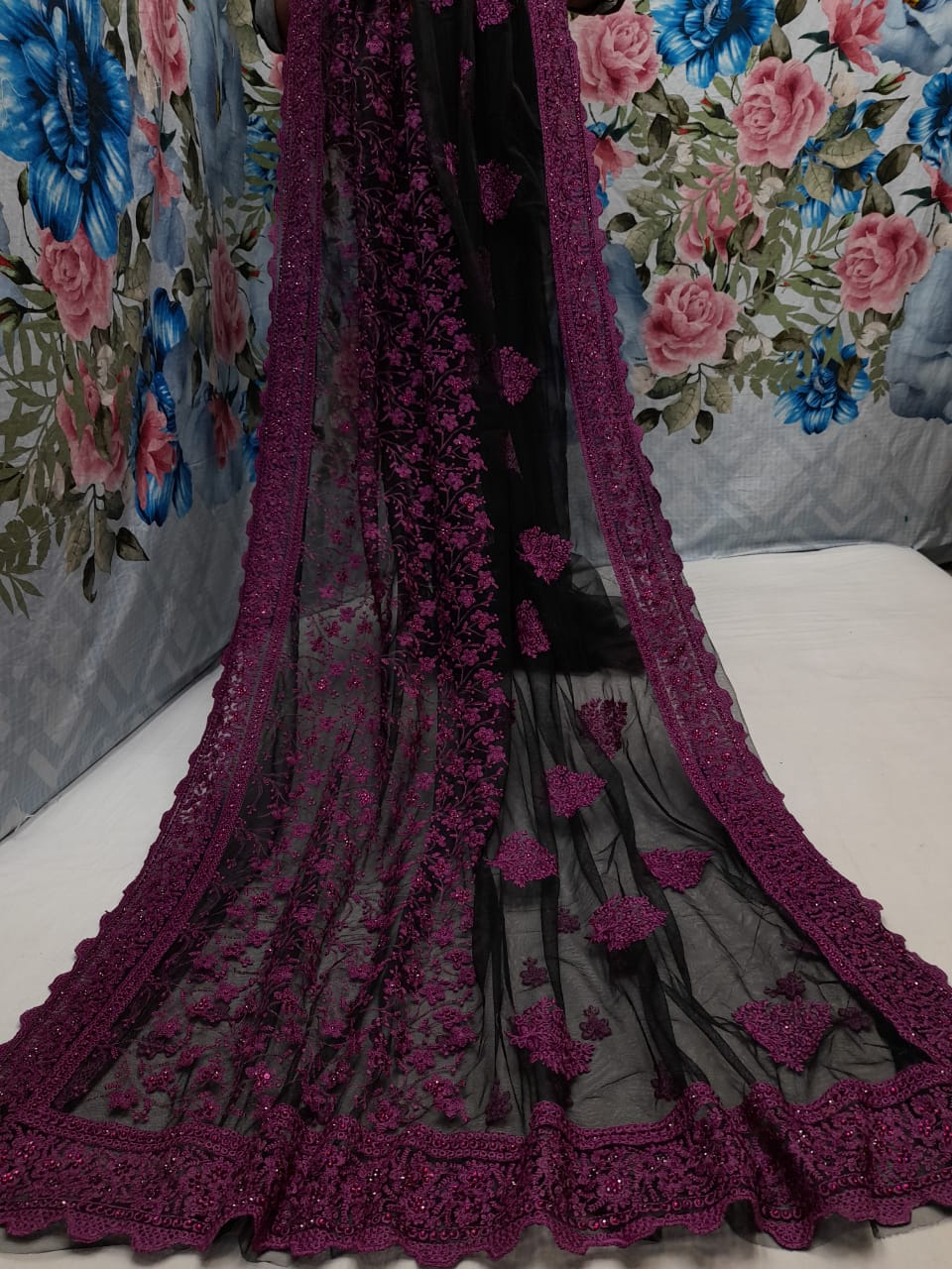 Soft Net Saree with thread jaal and stone work