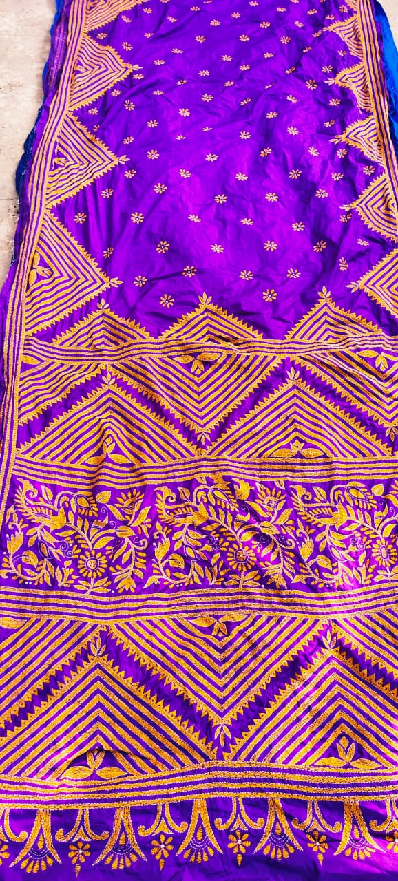 Kantha and Gujarati stitch work Blended Saree