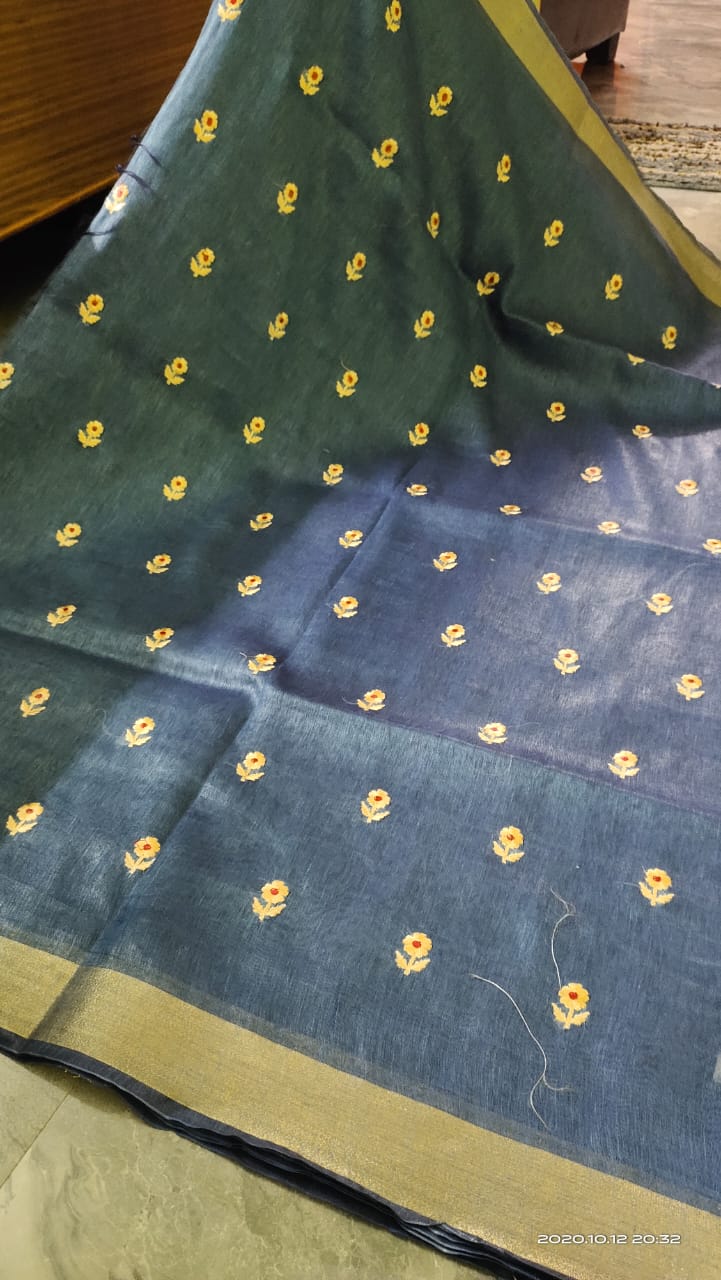 Tussar Silk Linen Embroidered Saree
