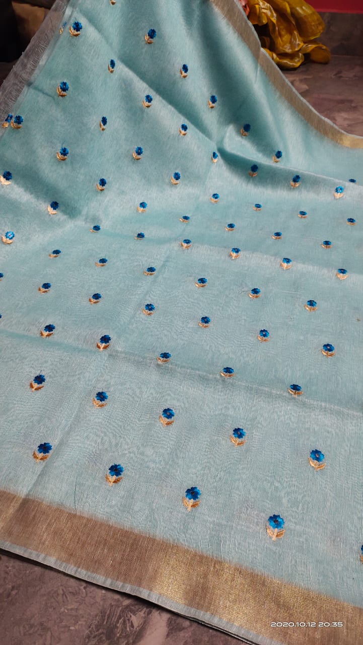 Tussar Silk Linen Embroidered Saree