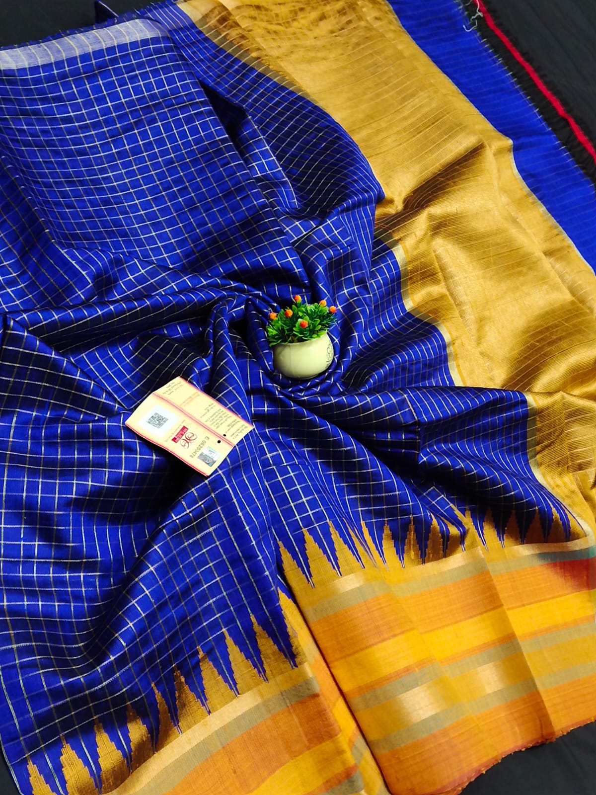 Pure raw silk saree with temple border