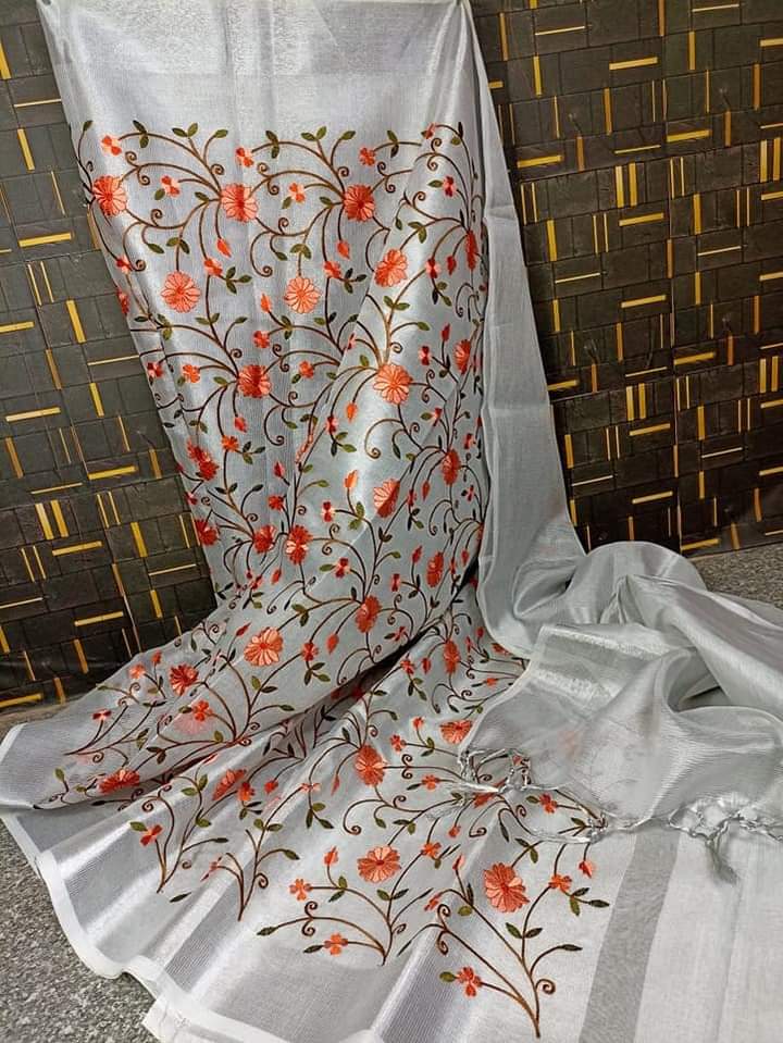 Tissue Linen embroidery saree
