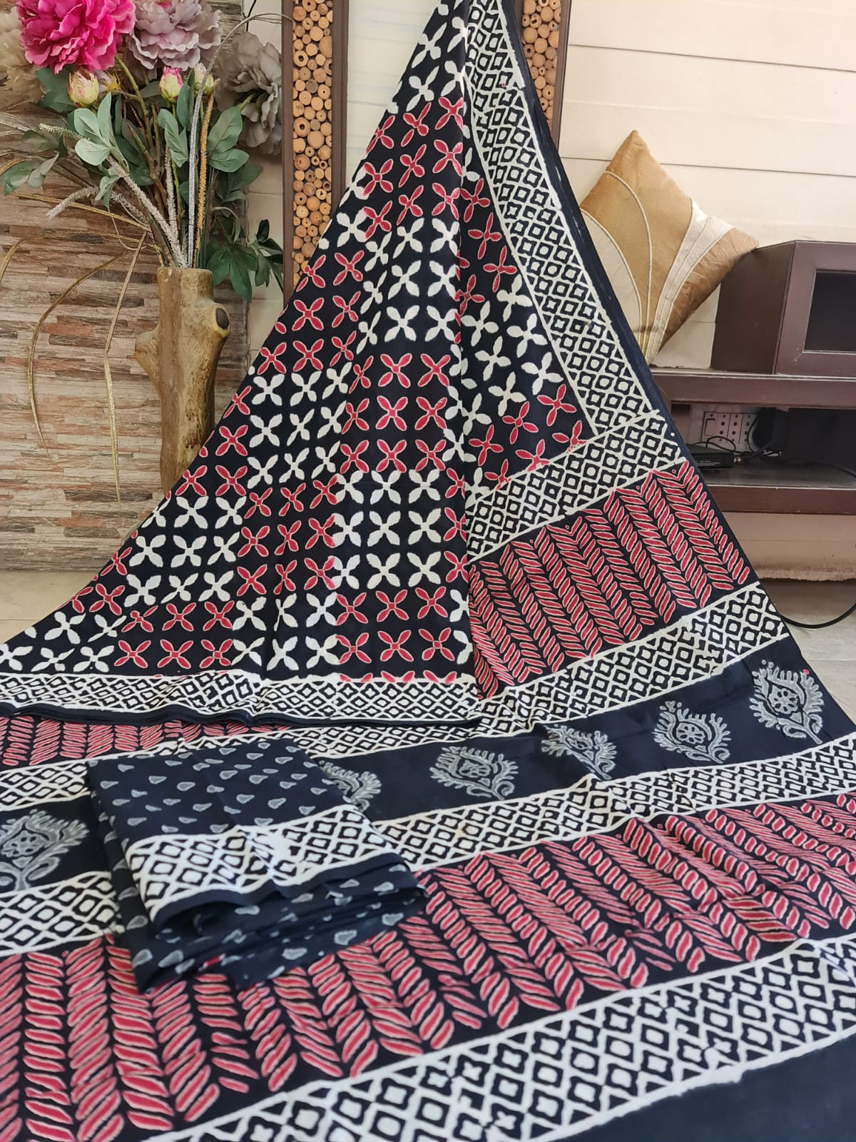 Handblock printed Pure Cotton Mulmul Saree