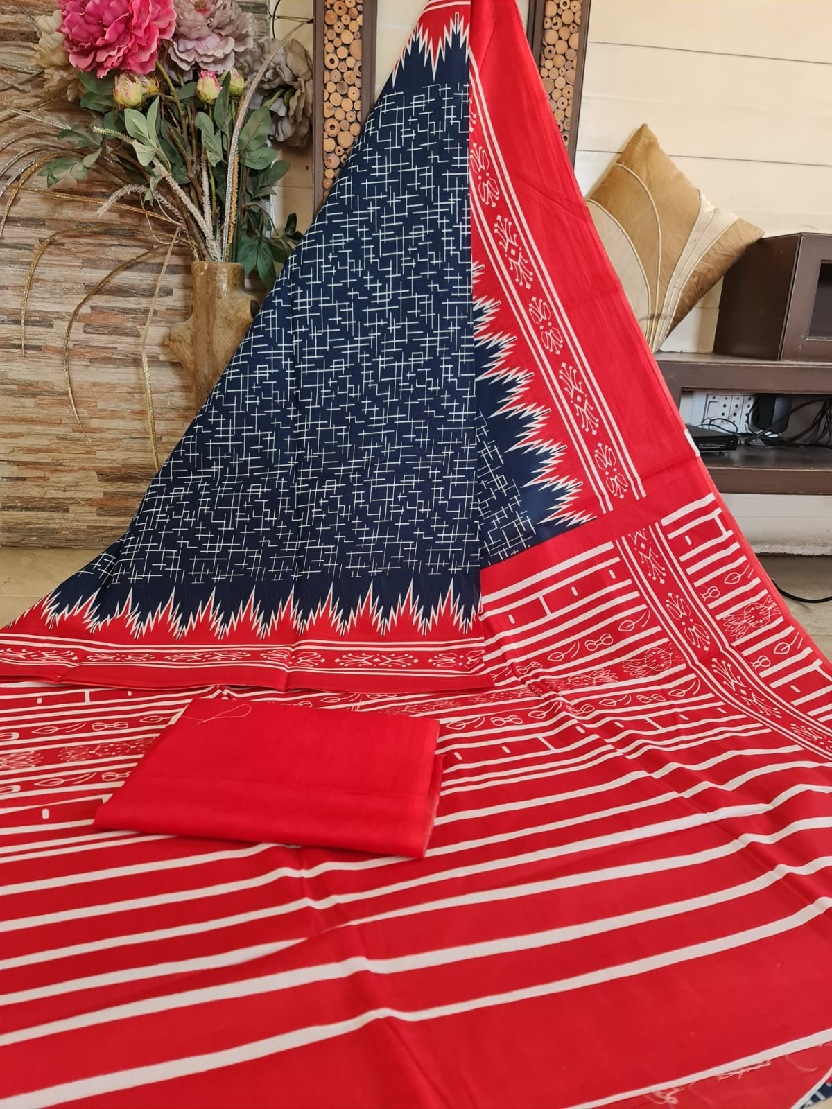 Handblock printed Pure Cotton Mulmul Saree