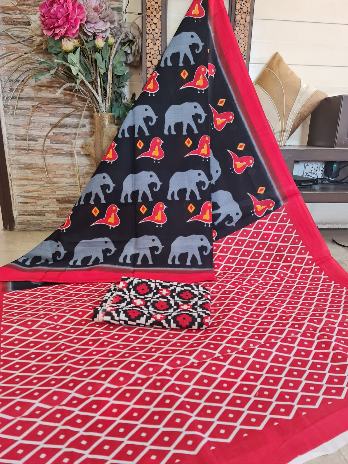 Handblock printed Pure Cotton Mulmul Saree
