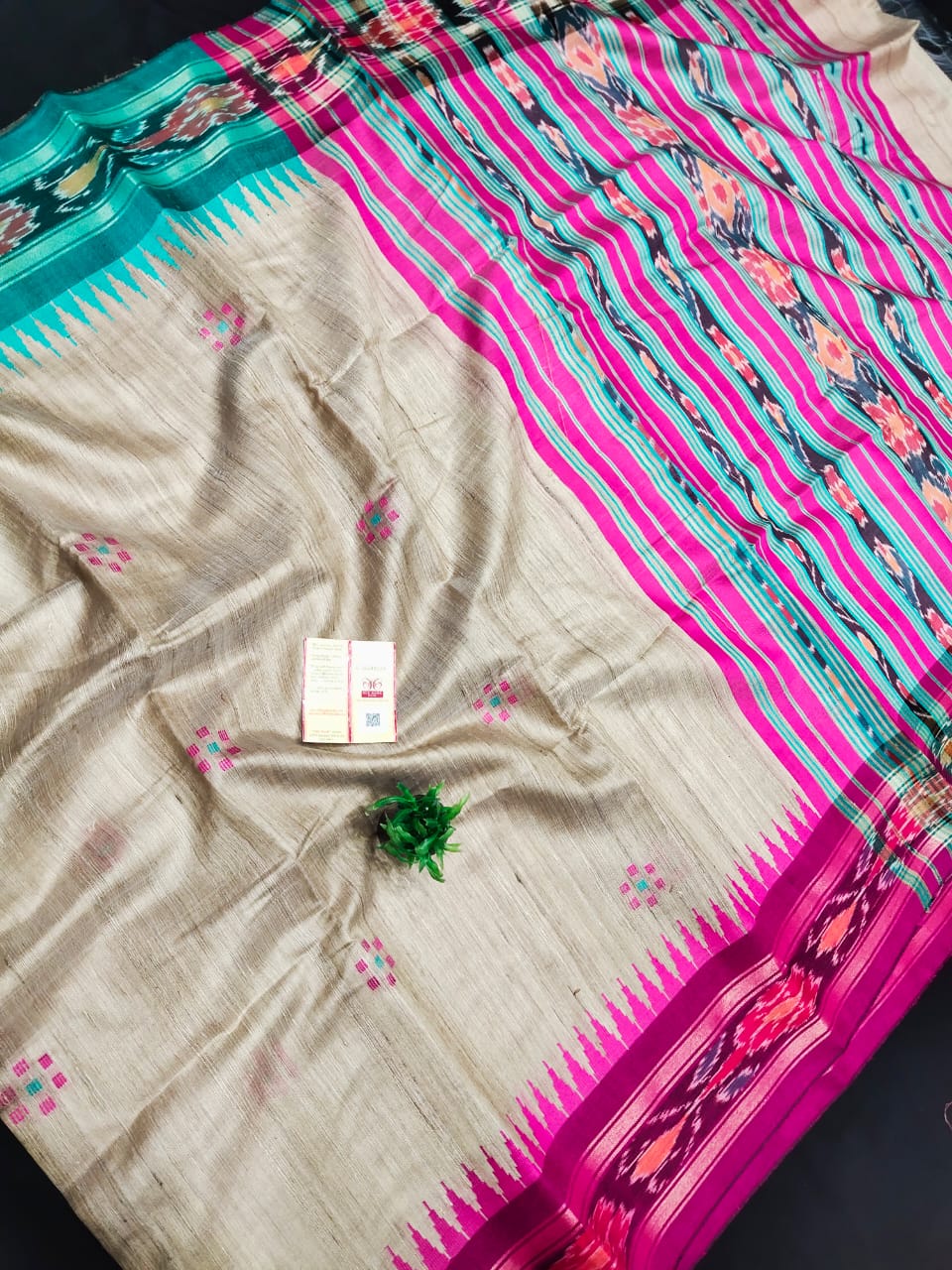 Pure Tussar Saree with Ikat temple border