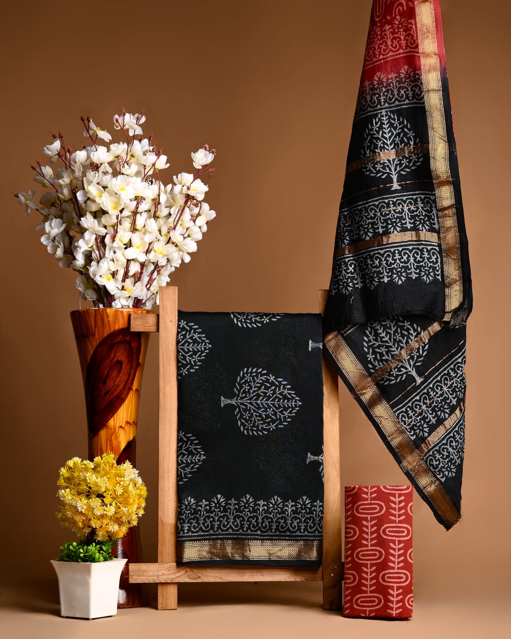 Hand block printed Maheshwari silk suits
