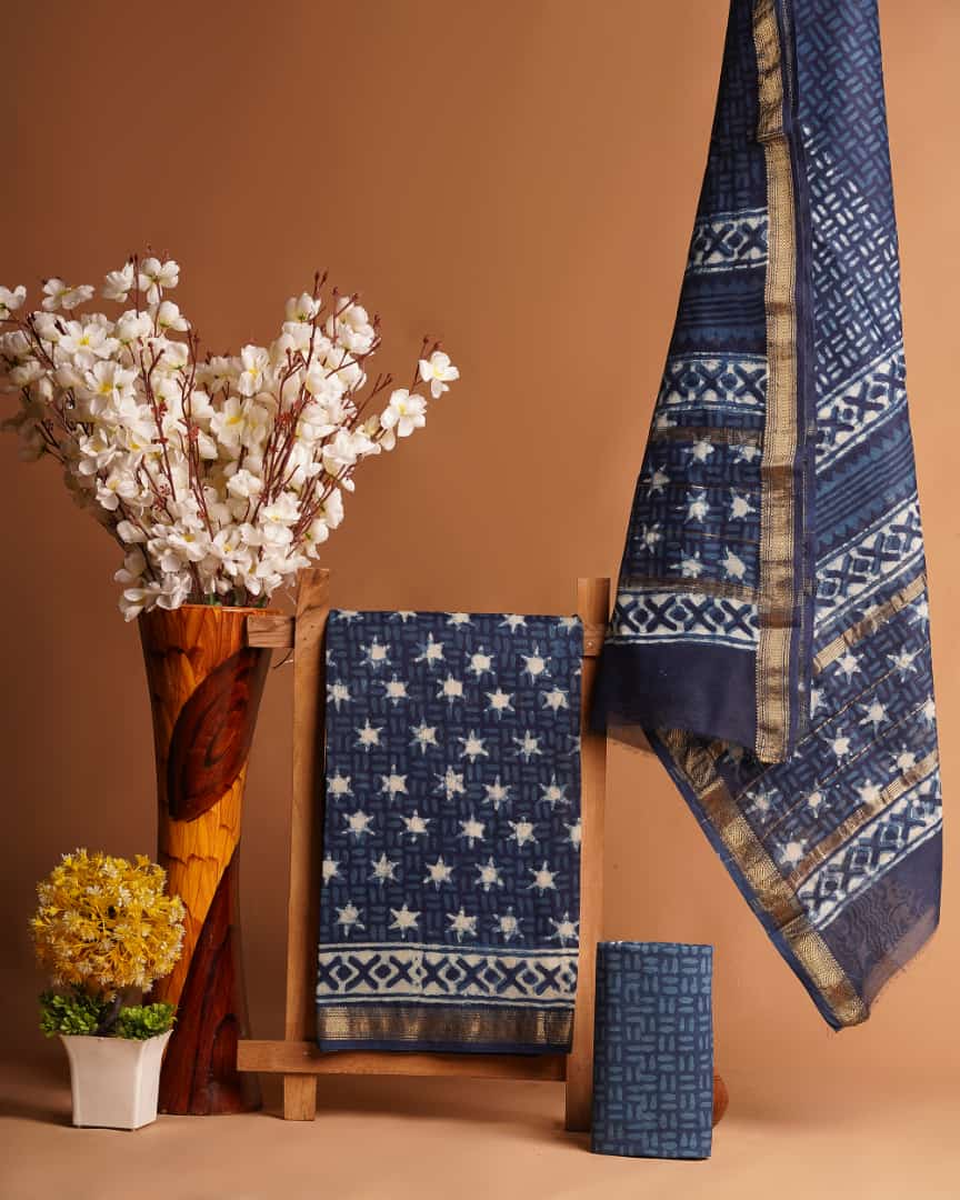 Hand block printed Maheshwari silk suits