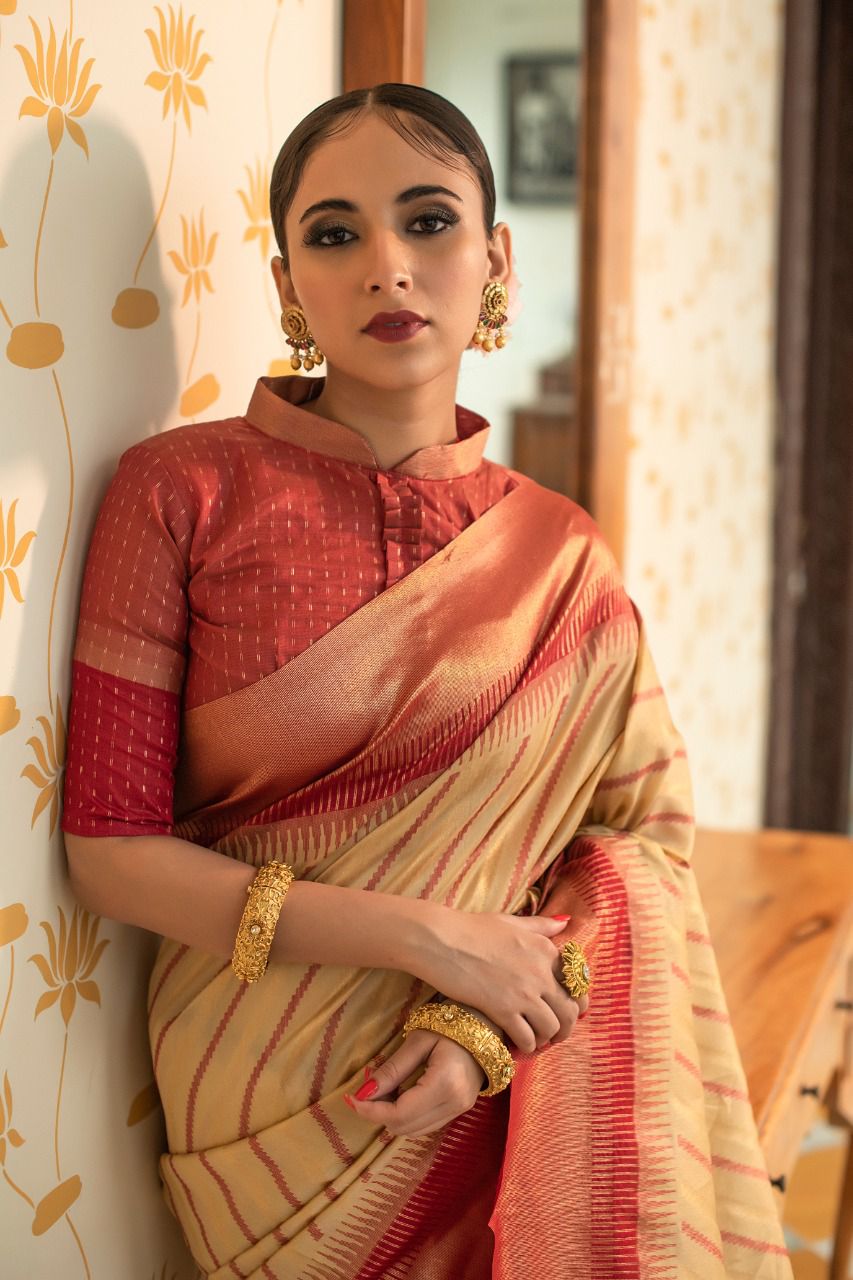 Buy Semi Tussar Silk Saree With Contrast Bomkai Temple Border and Contrast  Ikkat Pallu With All Over Ikkat Weaves Checks With Fancy Tassels Online in  India - Etsy