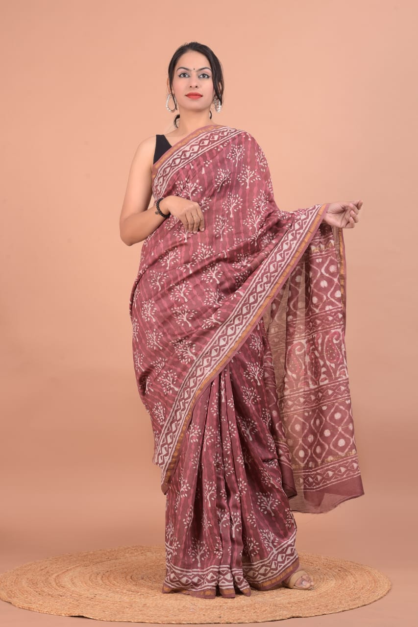 Handblock printed Bagru Chanderi sarees