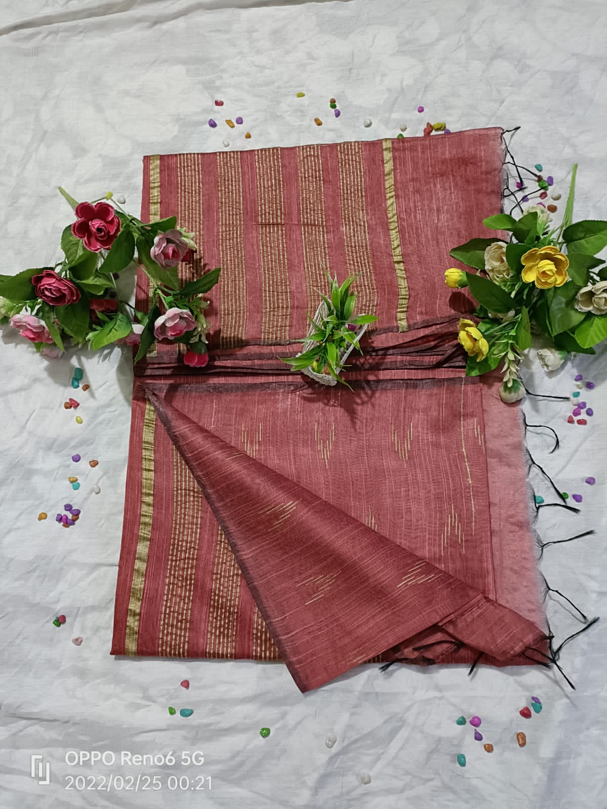 Kantha stitched Maheshwari silk saree
