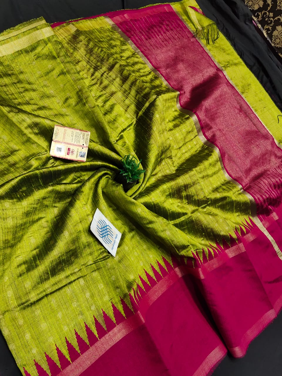 Pure raw silk saree with temple border and bindi buti