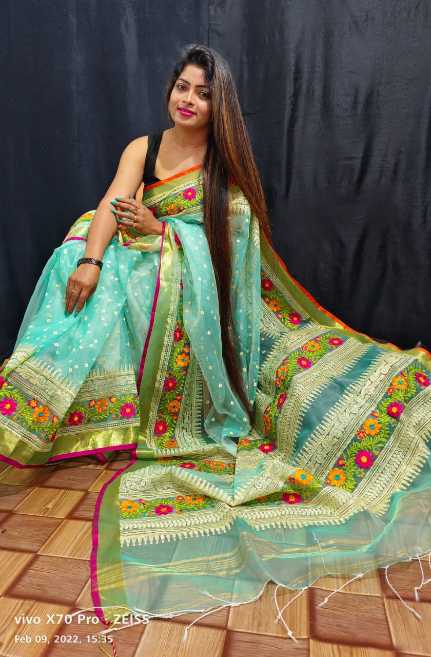 Gujarati Embroidered Muslin Silk Saree