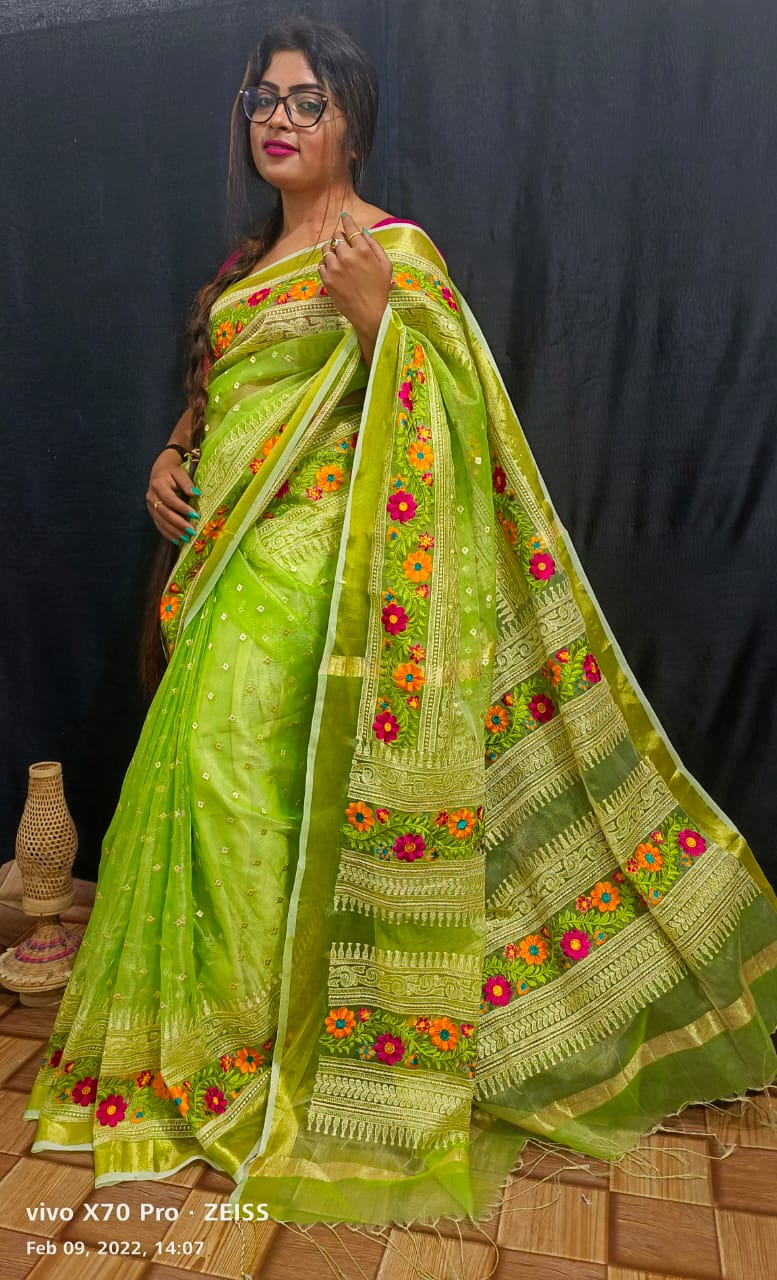 Gujarati Embroidered Muslin Silk Saree