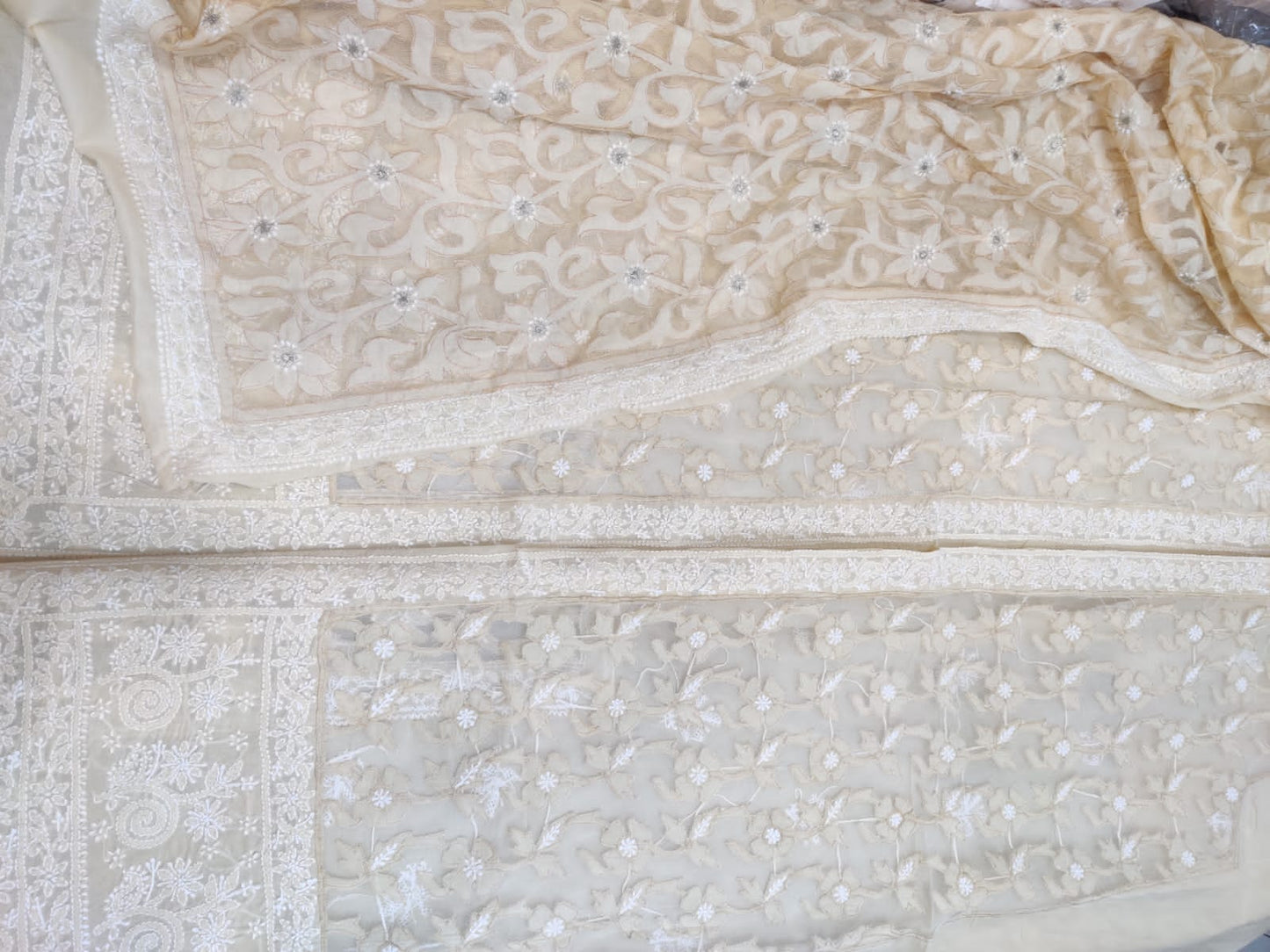 Cotton kurta and dupatta with heavy net applique work