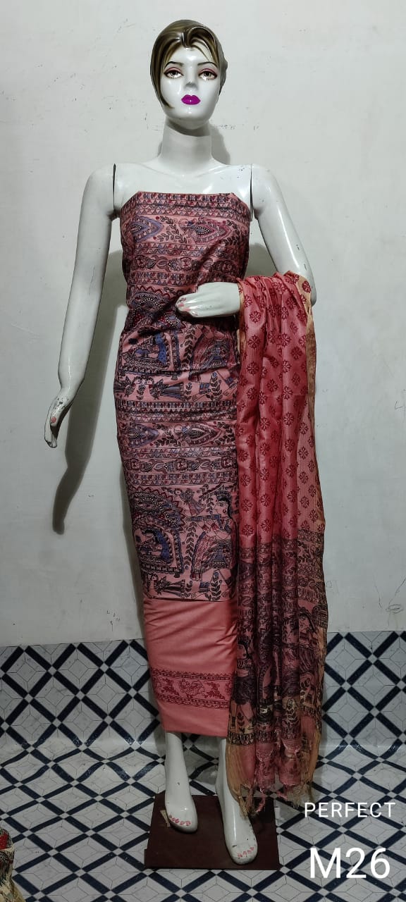 Katan Silk Madhubani Screen Print Suit Materials