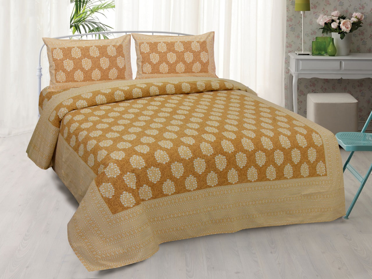 Bagru Hand Block Printed Double Bedsheet With Stitched Pillow Cover