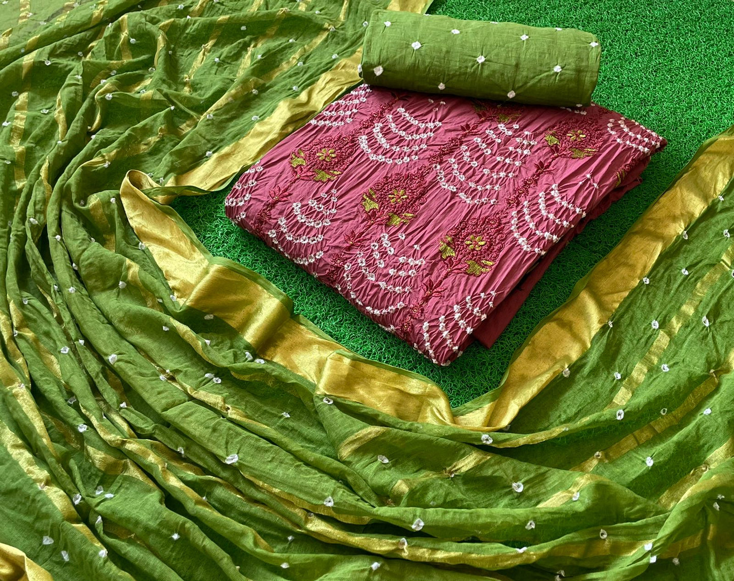 Satin cotton Bandhani dress material