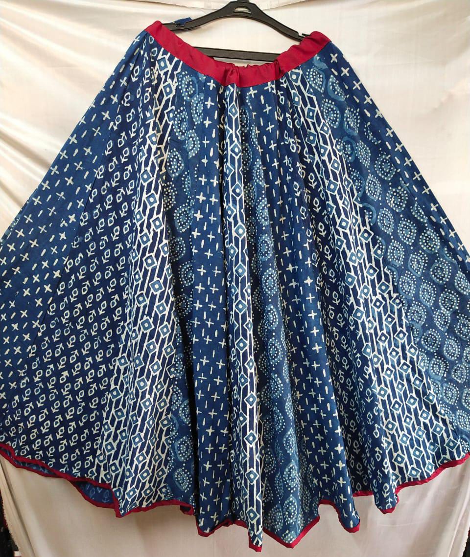 Indigo handblock cotton kali skirt with contrast border