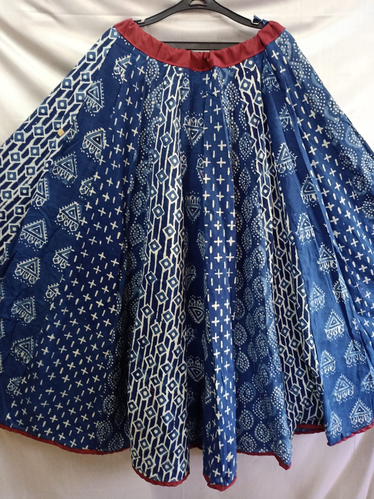 Indigo handblock cotton kali skirt with contrast border