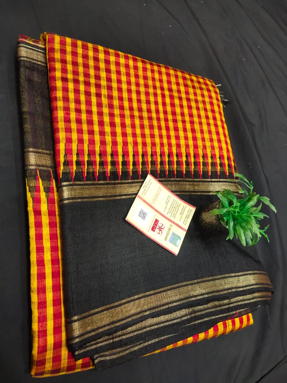 Pure Raw Silk Saree with temple border and mini checks