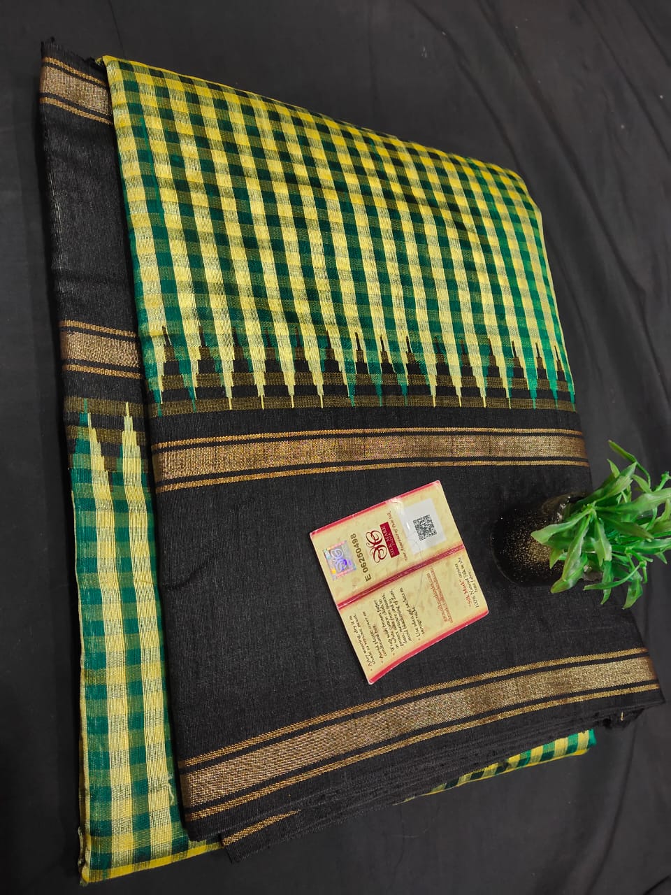 Pure Raw Silk Saree with temple border and mini checks