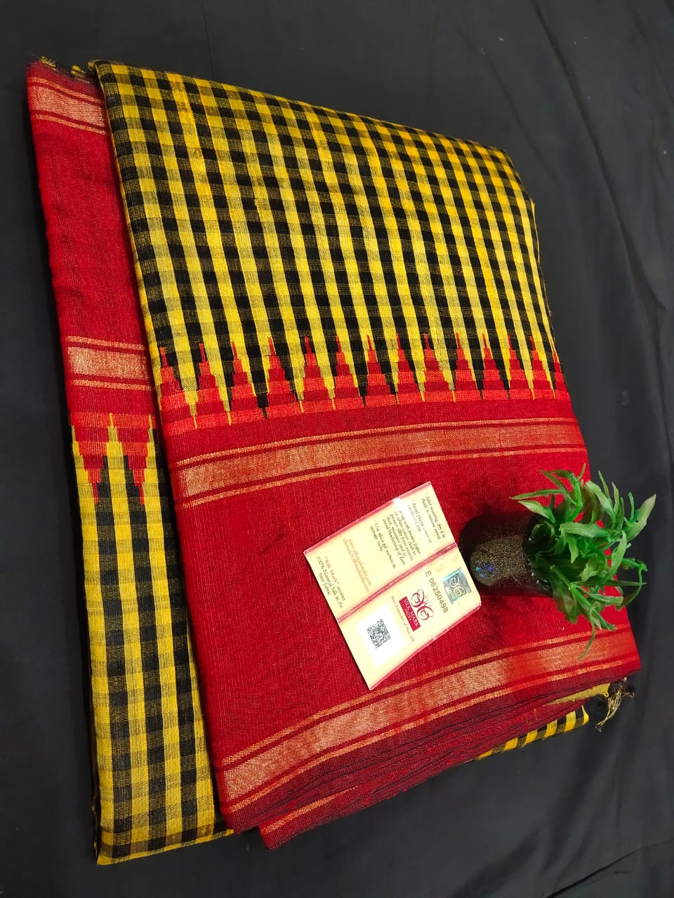 Pure Raw Silk Saree with temple border and mini checks