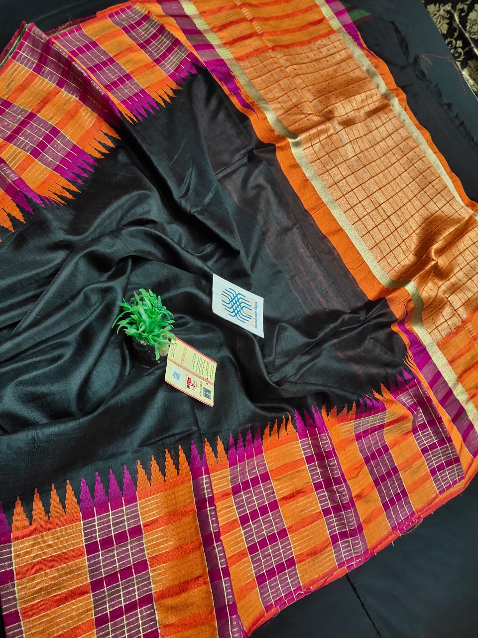 Pure Raw Silk Saree with temple border and mini checks
