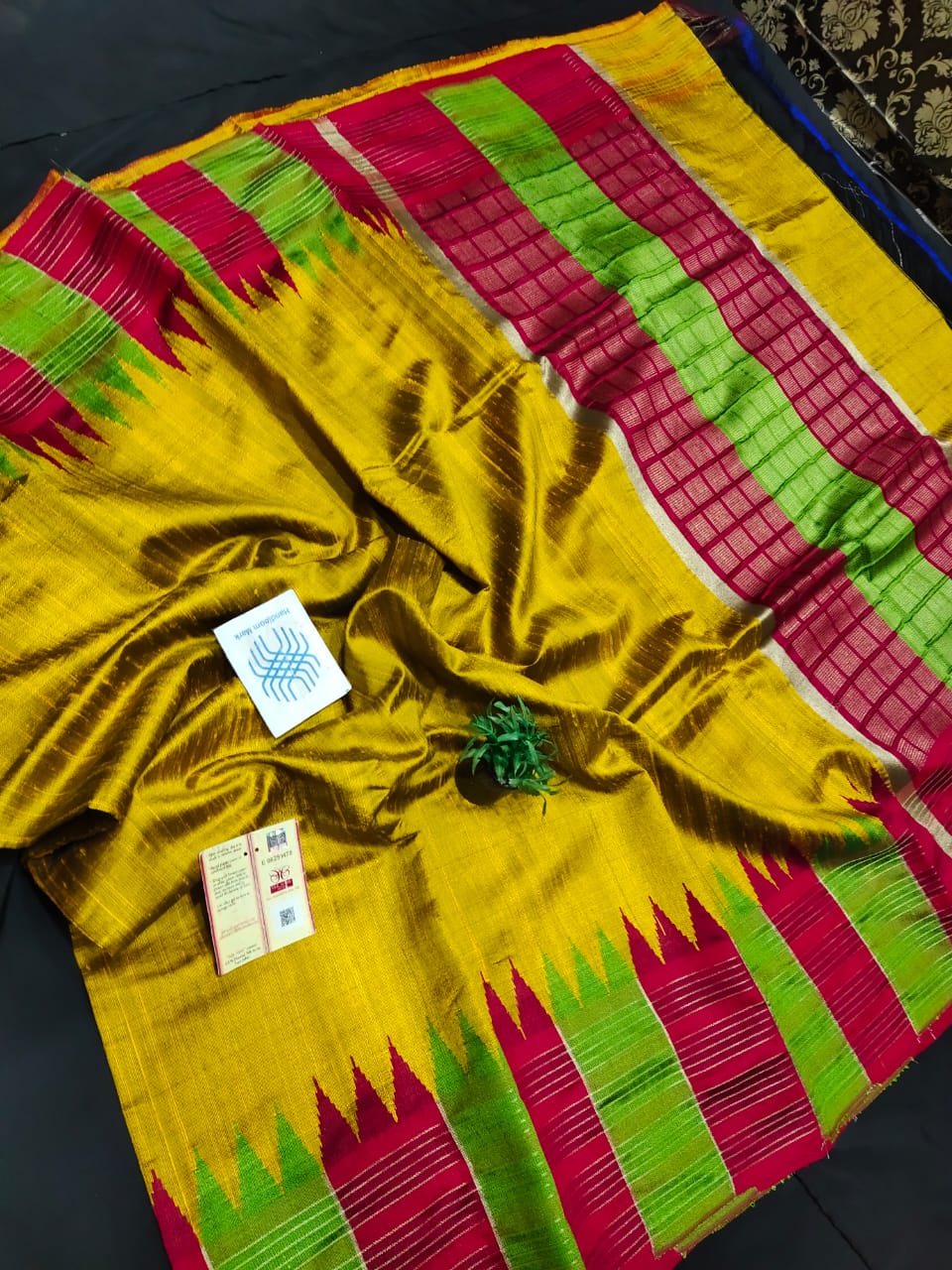Pure Raw Silk Saree with temple border and mini checks