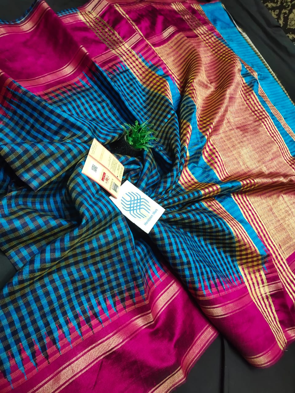 Pure Raw Silk Saree with temple border and mini checks