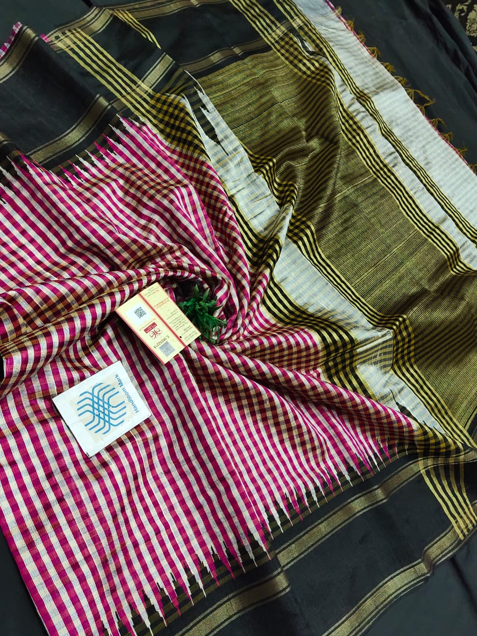 Pure Raw Silk Saree with temple border and mini checks