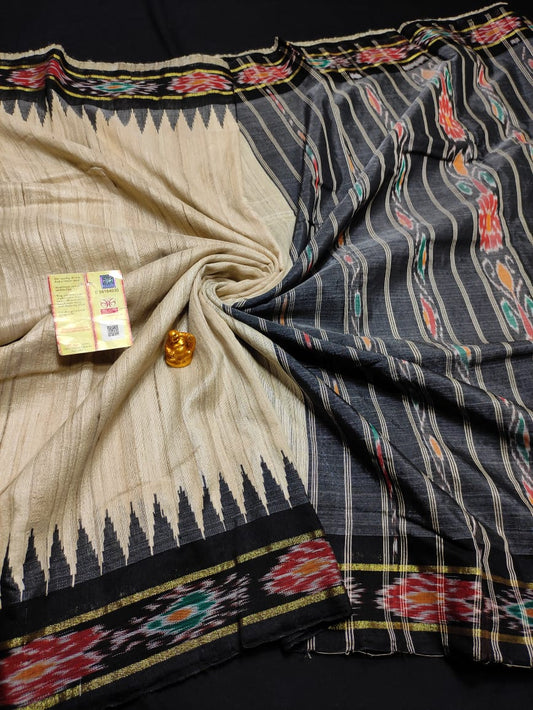 Pure Gicha Silk saree with ikat pallu and temple border
