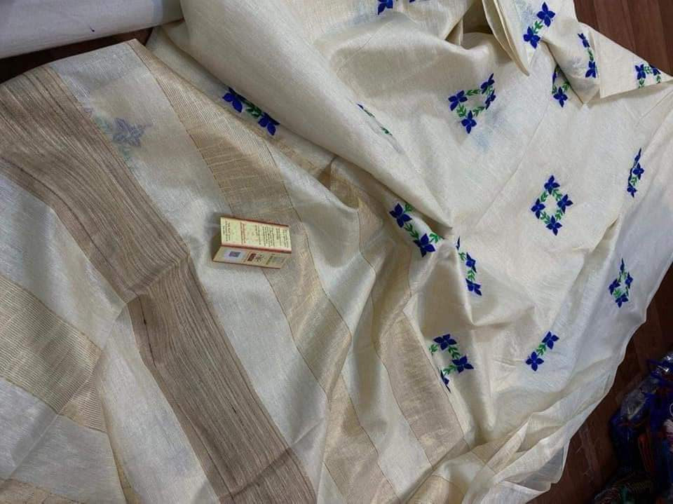 Embroidered Semi Tussar Silk Saree with Zari Pallu
