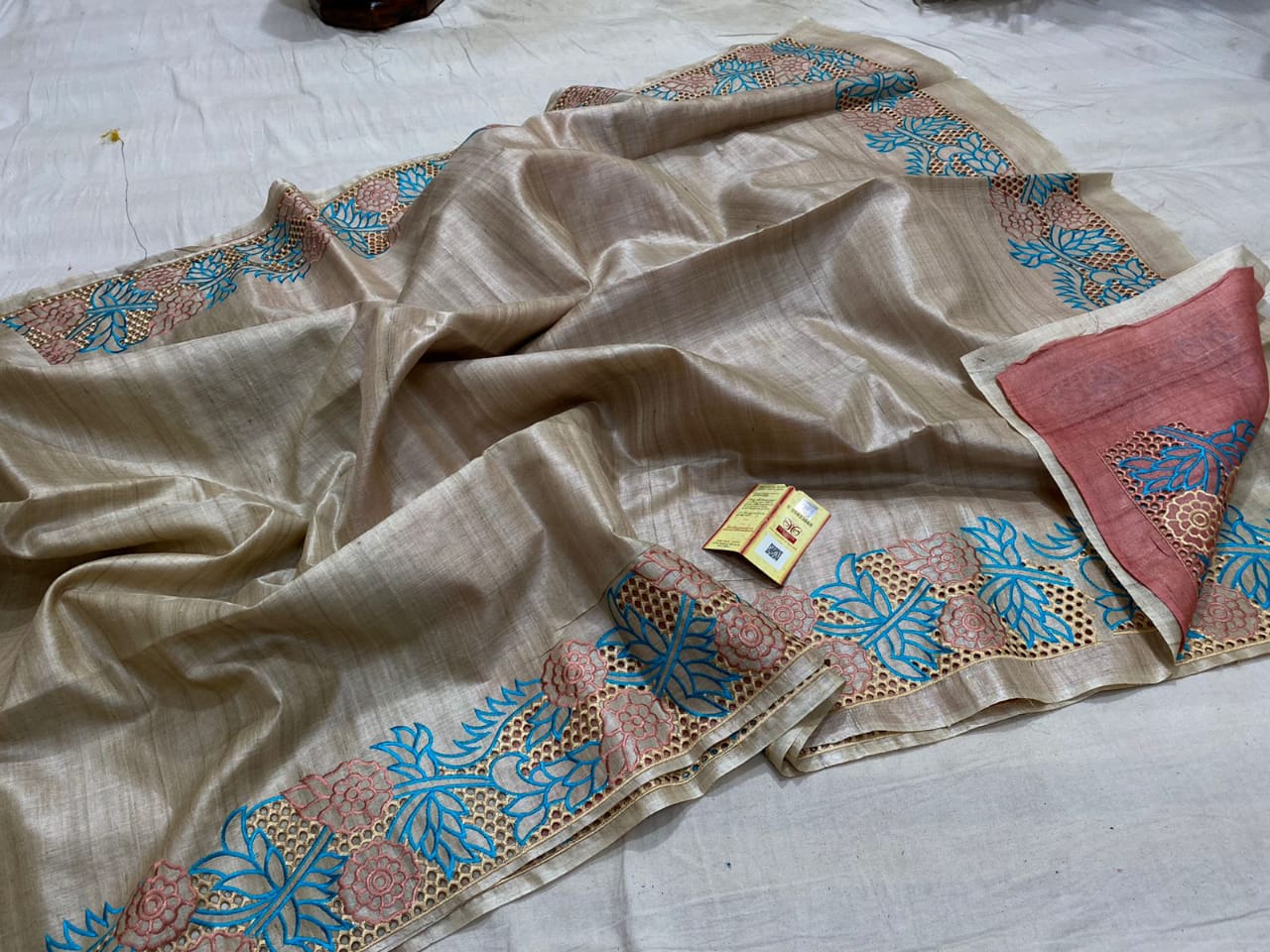 Desi Tussar silk Saree with hand cutwork