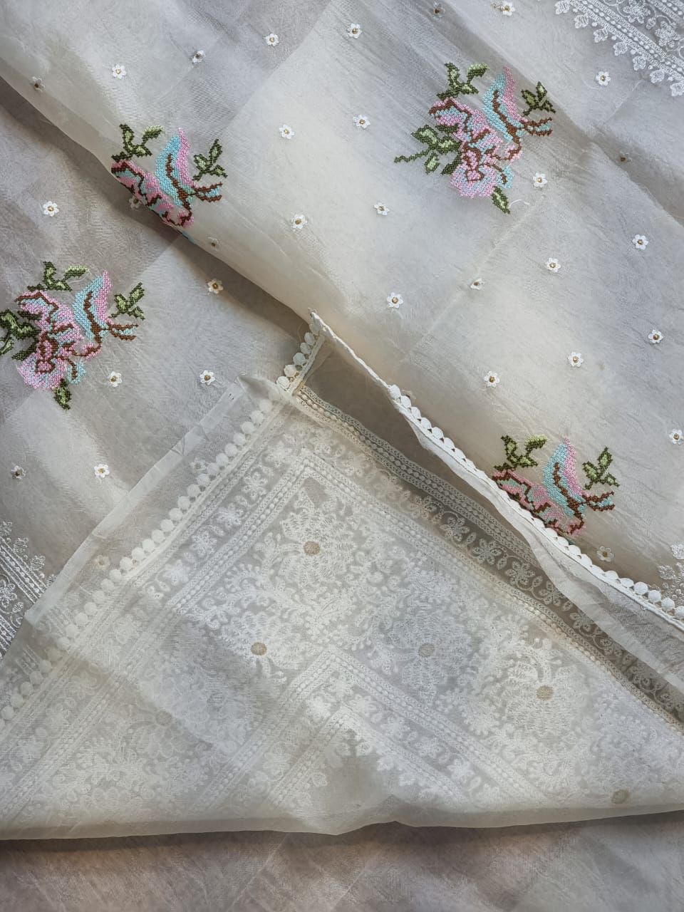 Organza Saree with Heavy Lucknowi embroidery work