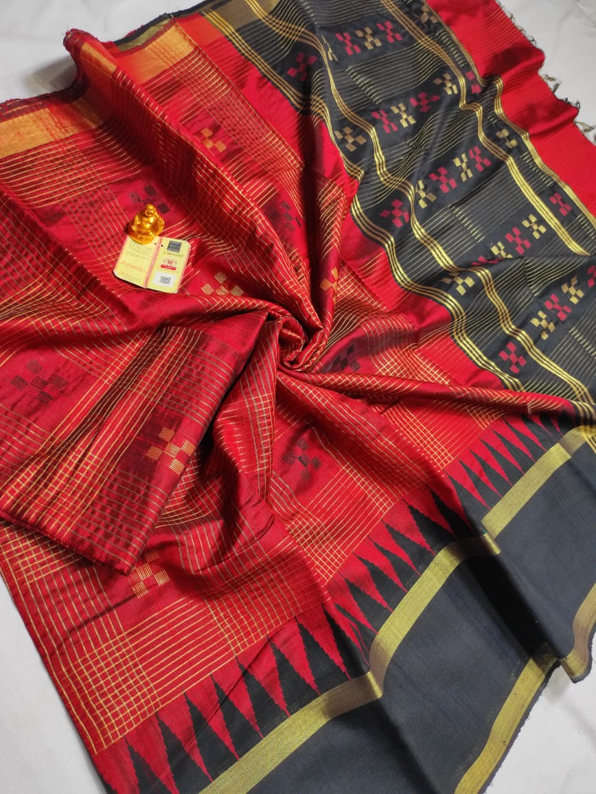 Raw Silk Saree with Body Checks and Temple Border