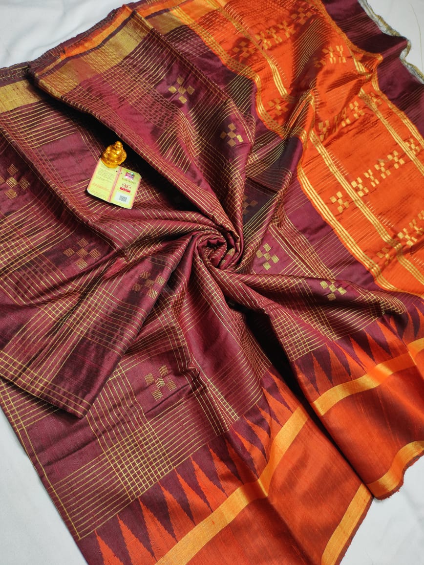 Raw Silk Saree with Body Checks and Temple Border