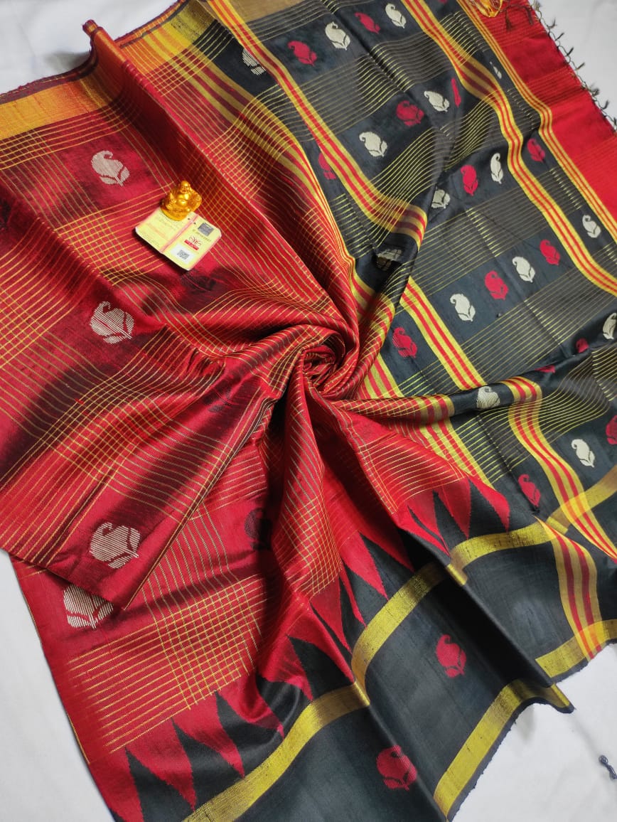 Raw Silk Saree with Body Checks and Temple Border